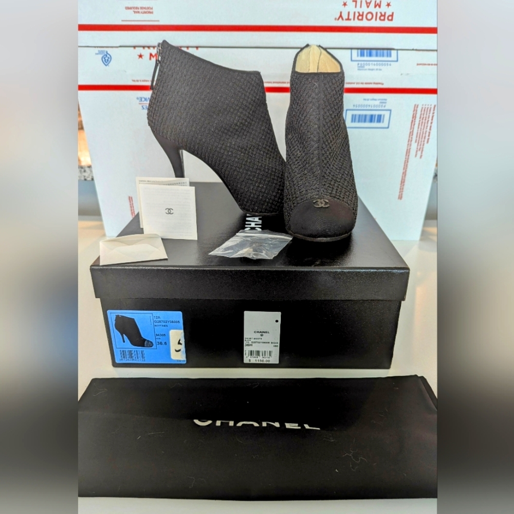 Chanel Beaded Ankle Booties Zip Back Black 36.5/6.5